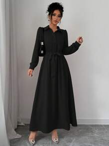 Selianne Women's Elegant Fashion Career-Wear Long Sleeve Standing Collar Cinched Waist Bowknot Belt Solid Color Dress Fall Cloth For Women - Black - View 4