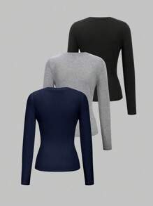 Flirla Women's Fashionable Solid Color Slim Fit Long Sleeve T-Shirt, Versatile For Autumn