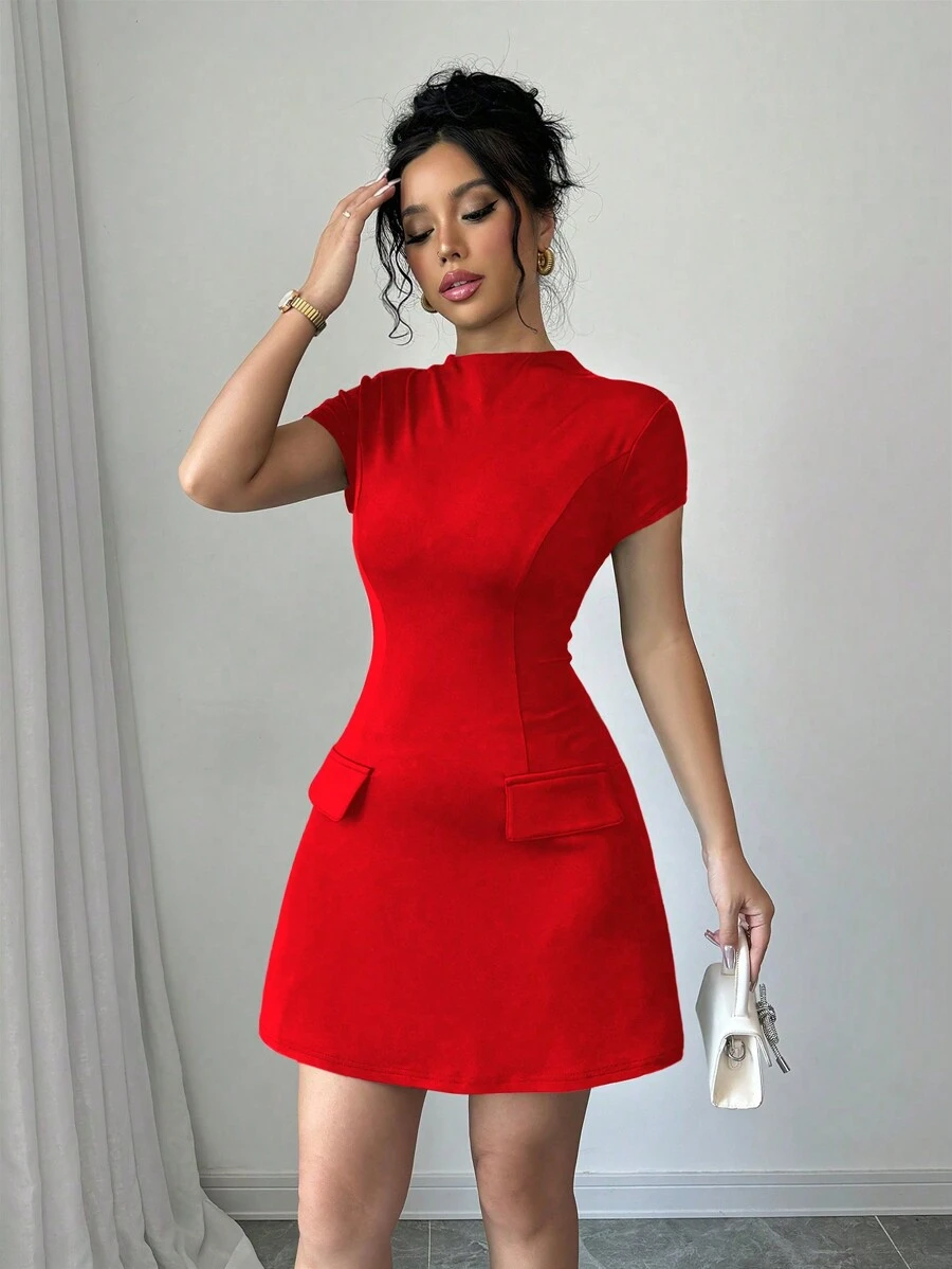 SHEIN PETITE Women Elegant Solid Color Stand Collar Short Sleeve Faux Pocket Minimalist Short Black Dress For New Year Clothes - Red - View 1