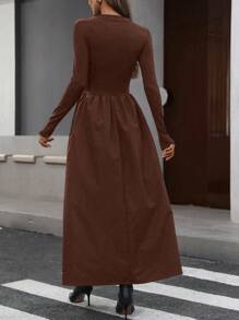 Ciel Poise 女士优雅收腰拼接长袖连衣裙，简约风格女士优雅连衣裙 - 咖啡棕 - 查看 2