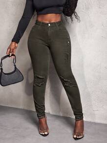 Slaydiva Modische und vielseitige Skinny Jeans mit Destroyed-Effekt für Damen - Armeegrün - Übersicht 6
