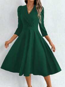 SHEIN Clasi Vestido midi de línea A con cintura marcada de unicolor elegante para mujer, otoño - Verde - Ver 6