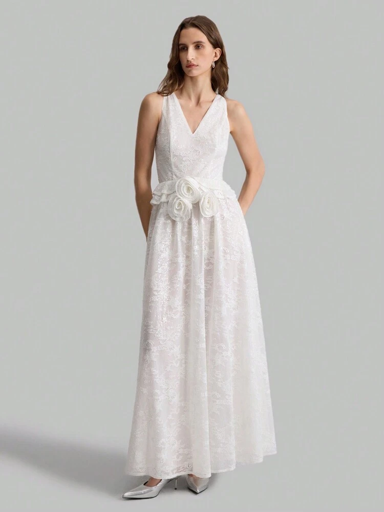 Women's Elegant White V-Neck Waist Gathering Sleeveless Dress With 3D Flower Decor, Suitable For All Seasons