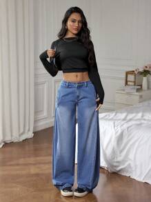 SHEIN EZwear Vaqueros holgados y informales para mujer con bolsillos sesgados y lavado