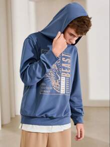 SHEIN 2 Stücke Set Kapuzen-Sweatshirt mit langen blauen Ärmeln und khakifarbener Jogginghose mit Tier- und englischem Muster für Teenager-Jungen, geeignet für Herbst/Winter/Universität/Zuhause/Sport, minimalistische Alltagskleidung