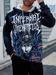 Manfinity Dauomo 男士字母与骷髅印花长袖抽绳连帽运动衫，秋季 - 彩色 - 查看 1