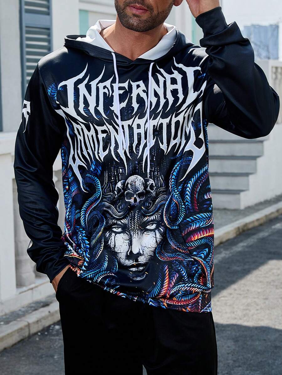 Manfinity Dauomo 男士字母与骷髅印花长袖抽绳连帽运动衫，秋季 - 彩色 - 查看 1