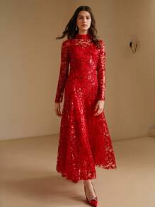 Anewsta Đầm dự tiệc lưới mỏng lấp lánh ánh kim Giáng sinh màu đỏ gợi cảm & thanh lịch dành cho nữ cho trang phục dự tiệc năm mới - Đỏ - Xem 7