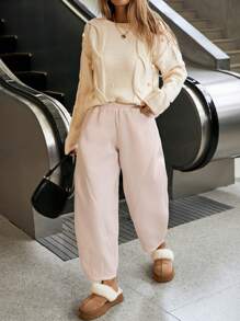 SHEIN Essnce Women's Solid Color Elastic Waist Pocket Wide Leg Loose Casual Pants