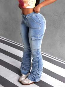 SHEIN ICON Damskie jeansy cargo z kieszeniami i rozkloszowanymi nogawkami