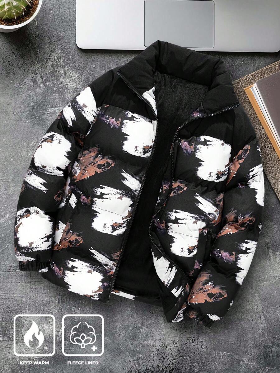 Manfinity Homme Chaqueta con cierre de cremallera con estampado de cepillado casual para hombre para invierno, abrigo con estampado de gráfico colorido para ir salir, regalo para amigos, esposo, novio