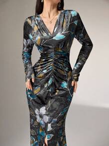 Modelyn Robe élégante à manches longues, col V, imprimé floral, froncée à l'ourlet fendu, pour soirée longue
