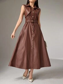 Heiryn 女式时尚前扣无袖连衣裙，秋季 - 咖啡棕 - 查看 6