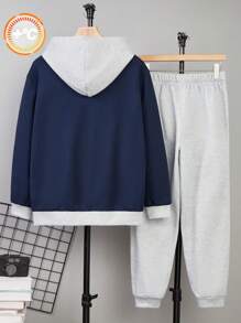 SHEIN 2 Stück/Set Kontrast-Farbblock Hoodie und Jogginghose Set für Teenager Jungen, sportliches Outfit für Frühling/Herbst, Valentinstag - Verschiedenfarbig - Übersicht 3