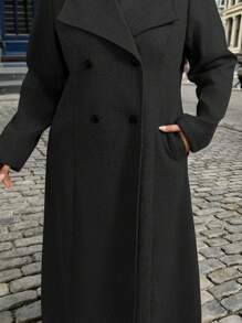 SHEIN Privé Plus Size Women Casual Solid Color Lapel Double-Breasted Mid-Length Coat, Autumn/Winter
