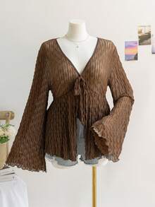 Soleia Blusa de manga larga de textura de punto marrón para mujer de talla grande, ideal para vacaciones de invierno, Año Nuevo, Navidad y Acción de Gracias - Marrón - Ver 4