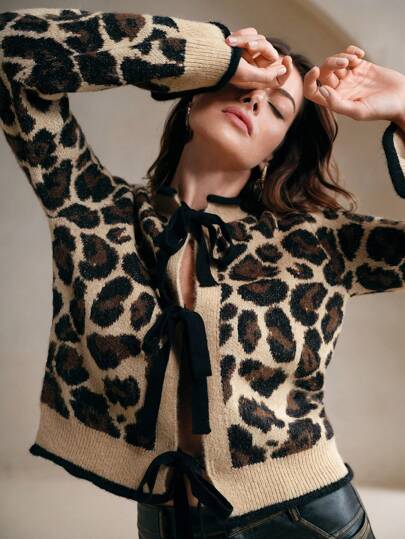 Anewsta Cárdigan con estampado de leopardo francés con lazo, estilo europeo de manga larga para mujer, otoño/invierno