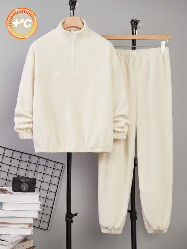 SHEIN 2pcs/Set Teen Boys Apricot Warm Plush Lined Crew Neck Sweatshirt & Elastic Waistband Casual Sport Pants, Comfortable & Soft For Autumn/Winter, Suitable For Home And Outdoor