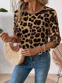 SHEIN LUNE Women's Casual Leopard Print Blouse, Suitable For Daily Outing, Autumn - Brown - View 3