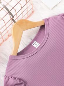 Sparklyn Tween Girl 纯黑色珍珠串珠泡泡袖休闲 T 恤 - 紫色 - 查看 4