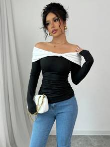 Chiquease Damen Lässig Gerafftes Off-Shoulder Langarm Figurbetontes T-Shirt, Herbst