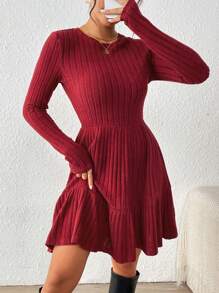 SHEIN Essnce Women Solid Color Round Neck Long Sleeve Ribbed Casual Mini Dress, Autumn - Burgundy - View 3