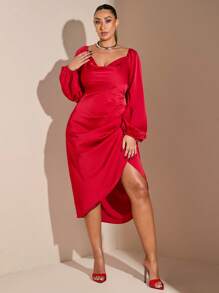 SHEIN BAE 大码秋季优雅女式黑色缎面裹身交叉褶皱灯笼袖长袖中长连衣裙秋季婚礼宾客礼服返校节礼服 - 紅色 - 查看 7