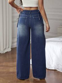 SHEIN EZwear Quần Jeans Ống Đứng Dáng Rộng Đơn Giản Nhiều Màu Sắc Cho Nữ - Màu xanh lam - Xem 2