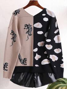 Chiquease V-Neck Contrast Leopard And Tiger Pattern Loose Cardigan