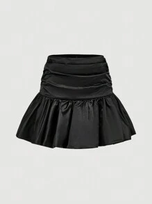 GENKIRA 缎面褶皱迷你裙，浪漫法式风格，适合优雅女士 - 黑色 - 查看 1