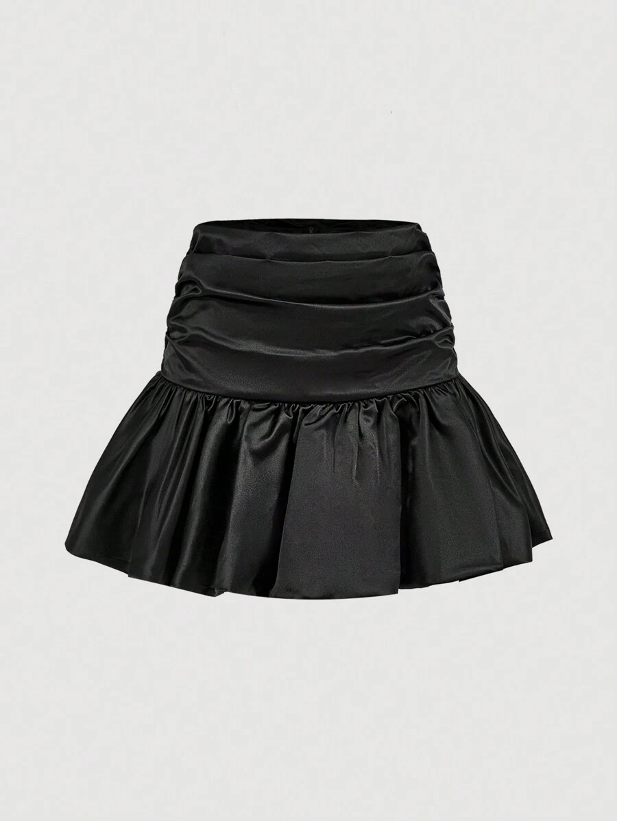 GENKIRA 缎面褶皱迷你裙，浪漫法式风格，适合优雅女士 - 黑色 - 查看 1