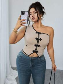 SHEIN Unity Plus Size Contrast Color Splicing Front Button Fake Pocket Casual Top, Everyday Wear - Apricot - View 8
