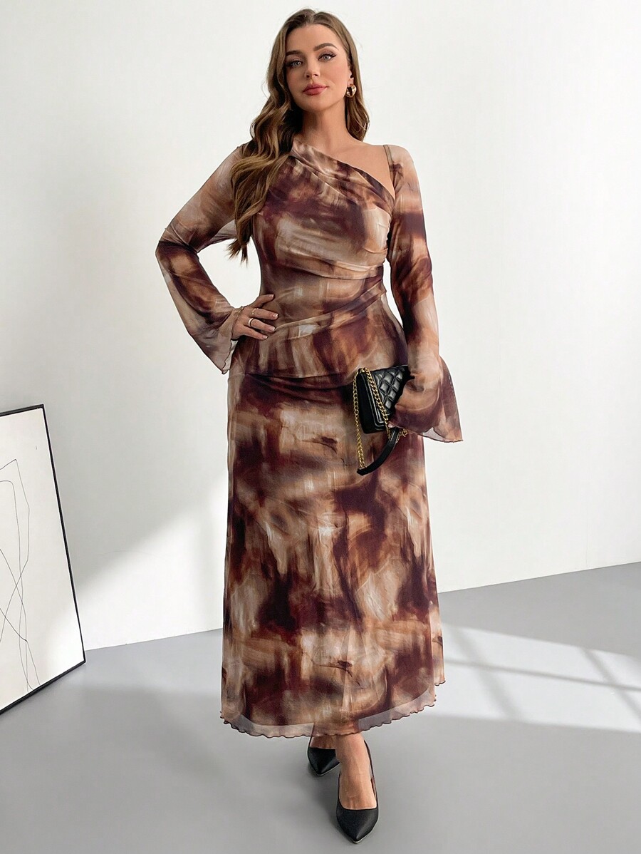 SHEIN Essnce PlusSize Women Print Dress, Brown Dress, Elegant Date