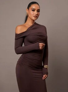 Silquee 女士简约日常约会、优雅派对、长袖、修身、性感纯色弹力针织连衣裙，斜肩领设计，浪漫约会、秋冬打底针织连衣裙、夜间外出连衣裙、万圣节和圣诞节长裙、女士夏季连衣裙、茶会连衣裙 - 咖啡棕 - 查看 6