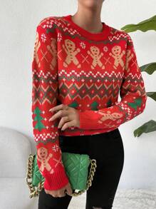 Chiquease 1 件女式姜饼人几何印花长袖休闲毛衣，秋冬季新年衣服 - 紅色 - 查看 3