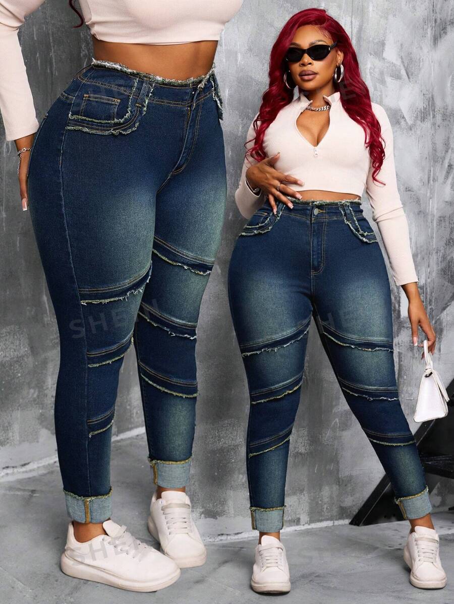 SHEIN SXY Jeggings elásticos de mezclilla con diseño desgastado y cintura alta para mujer de talla grande