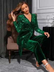 Zolique Allurite 女式重叠 V 领长袖闪亮阔腿天鹅绒性感连体裤，派对女士红色连体裤，圣诞服装，圣诞服饰，情人节服装