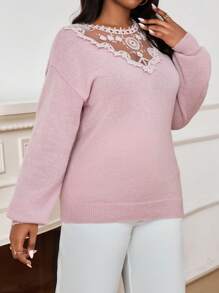 SHEIN Lady 秋冬优雅白色粉色蕾丝精纺长袖新品大码毛衣浅粉色上衣冬季 - 粉色 - 查看 4