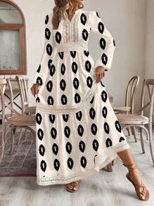 SHEIN VCAY 女士 V 领荷叶边灯笼袖 A 字形休闲连衣裙，适合度假 - 杏色 - 查看 5