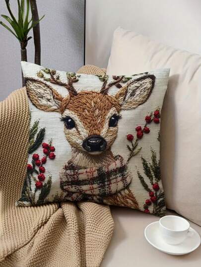 Federa per cuscino decorativa natalizia con renna affascinante, 45x45 cm, in morbido peluche corto, stampa piatta 2D, lavabile in lavatrice con cerniera, per decorazione camera da letto e soggiorno