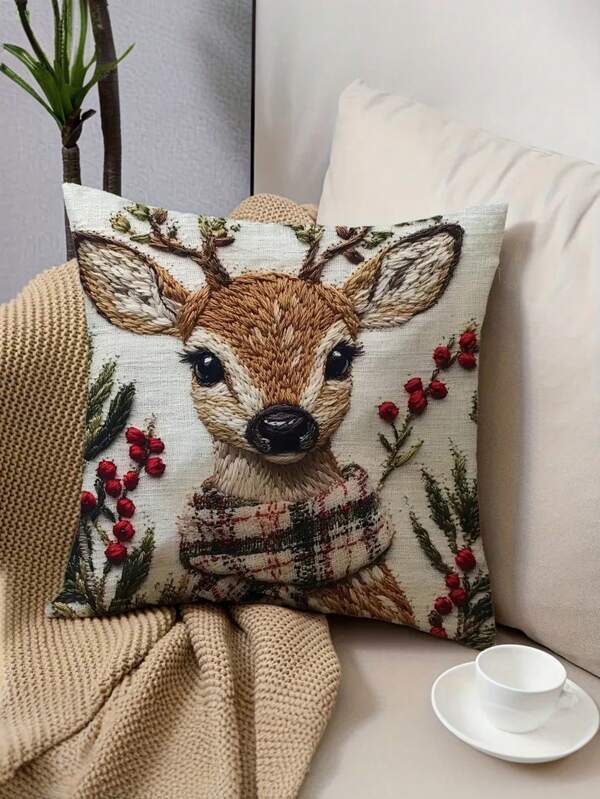 Christmas Decor Charming Christmas Reindeer 17.7x17.7 Inch Throw Pillow Cover - Soft Short Plush, 2D Flat Printing Machine Washable With Zipper Closure For Bedroom & Living Room Decor