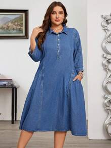 SHEIN CURVE+ Vestido de mezclilla para mujer de talla grande, con mangas fruncidas de moda, sin estiramiento