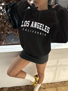 Attitoon Pull à capuche ample à manches longues, imprimé "LIS ANGELES" en anglais, style minimaliste décontracté pour femmes