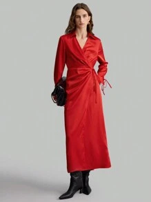 Ontre Damen langes Wickelkleid mit roter Einfarbigkeit, Langarm und Schleife, für den täglichen Lässig Tragekomfort, Herbst/Winter - Rot - Übersicht 7