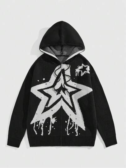 ROMWE MEN Street Life Herren grafischer Jacquard Langarm Kapuzen-Reißverschluss-Cardigan, lässig für den täglichen Gebrauch