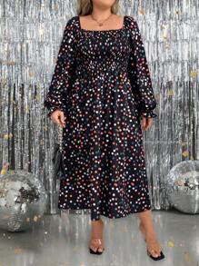 SHEIN LUNE 大码女式圆点印花方领收腰连衣裙 - 彩色 - 查看 7