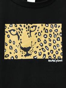 Animal Planet X SHEIN 年轻男孩动物世界豹纹图案酷炫休闲黑色长袖 T 恤