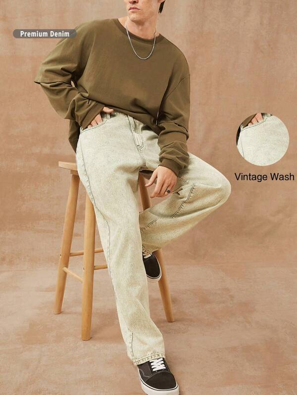 Pantalones vaqueros rectos de algodón con lavado ácido premium para hombre