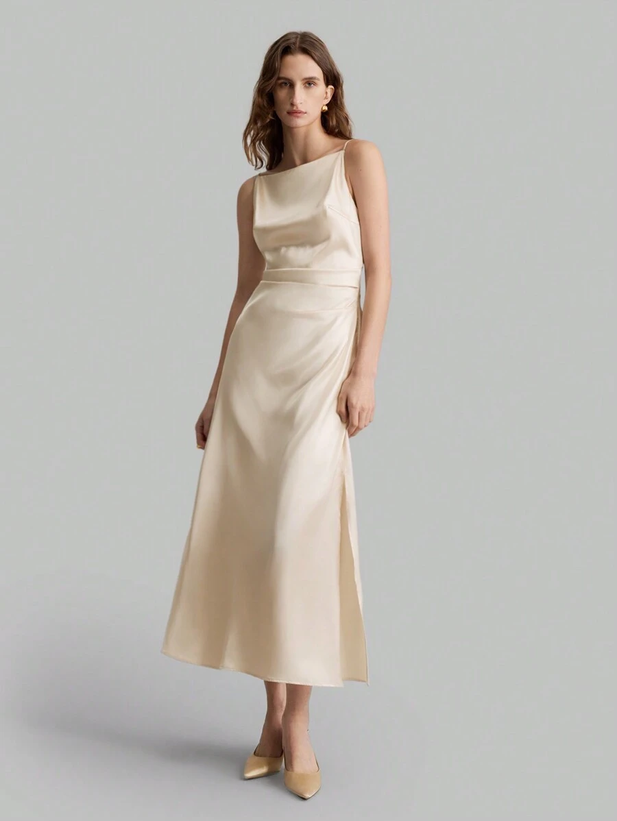 Ontre Nuevo vestido largo sin mangas para primavera 2025 para mujeres, vestido de seda al 11% para uso diario mínimo, vestimenta de lujo para fiestas con abertura lateral - Albaricoque - Ver 1