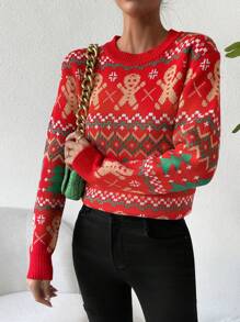 Chiquease 1 件女式姜饼人几何印花长袖休闲毛衣，秋冬季新年衣服 - 紅色 - 查看 7